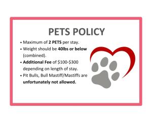 a pet policy card with a paw print at CozySuites Glendale by the stadium with pool 02 in Glendale