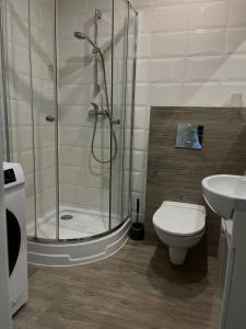 a bathroom with a shower and a toilet and a sink at APARTAMENTY CENTRUM in Kostrzyn nad Odrą