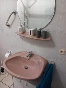 a bathroom with a pink sink and a mirror at Widmann‘s Ferienquartier in Wiehl