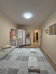 ein Schlafzimmer mit einem Bett und einem Teppich auf dem Boden in der Unterkunft Apartament Zającówka - centrum miasta w leśnej enklawie in Szklarska Poręba