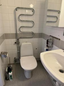 2 sovrum i en del av lägenheten في ستوكهولم: حمام مع مرحاض ومغسلة
