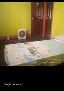 een slaapkamer met een bed en een ventilator op de vloer bij Camp Jenil Serenity Homestay in Malabuñgan