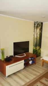 a living room with a large flat screen tv at Kwatera Na Rogu in Augustów