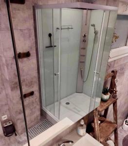 y baño con ducha de cristal y lavabo. en Isidaura, en Zutendaal