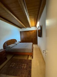 1 dormitorio con cama y techo de madera en Villa Riva, en Badia Calavena