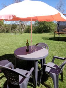 a table with a bottle of wine and an umbrella at Pyrenees Vue Gite - Vues Fantastique, Parking Gratuit Sur Place & Piscine in Saint-Gaudens