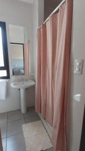 baño con lavabo y cortina de ducha en Espectacular ubicación con terraza propia en Mendoza