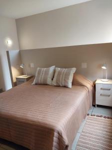 1 dormitorio con 1 cama grande y 2 mesitas de noche en Espectacular ubicación con terraza propia en Mendoza
