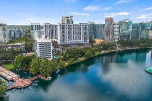 z góry widok na duże jezioro w mieście w obiekcie Cozy retreat getaway Family-sized By Lake Eola w Orlando