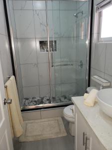 a bathroom with a shower and a toilet and a sink at JEMMROSE SUITES in Choc