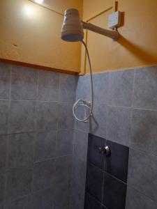 a bathroom with a shower with a light on the wall at Faith & Peace Guest House in Fontenoy +16 photos