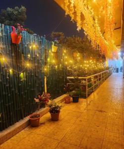 a fence with lights and potted plants on it at The kashi palace inn ,Varanasi ! fully-Air-Conditioned hotel at prime location with Parking availability, near Kashi Vishwanath Temple, and Ganga ghat in Varanasi