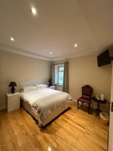 a bedroom with a bed and a chair and a window at Woodville Lodge Guesthouse in Killarney