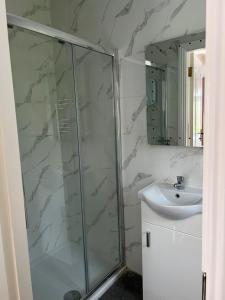 W łazience znajduje się prysznic i umywalka. w obiekcie Woodville Lodge Guesthouse w Killarney