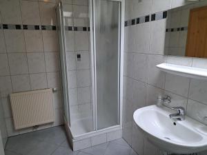 ein Bad mit einer Dusche und einem Waschbecken in der Unterkunft Apartment Gruber by Interhome in Leogang