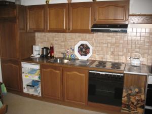 金茲林的住宿－Holiday Home Farm Eben - MHO480 by Interhome，厨房配有木制橱柜和炉灶烤箱。