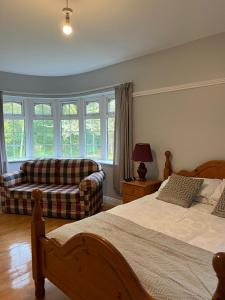 Woodville Lodge Guesthouse في كيلارني: غرفة نوم بسرير وكرسي وأريكة