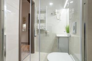 a bathroom with a shower and a toilet and a sink at Gorgeous & Super Central Studio in Budapest