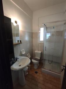 a bathroom with a sink and a toilet and a shower at Irene apartment in Vlachata village! in Kefallonia