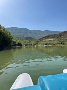 a boat on a river with mountains in the background at Lake Campground Silvano in Berat