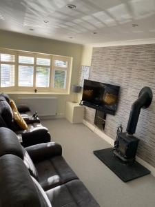 a living room with couches and a fireplace and a flat screen tv at Sunny Chalet Bungalow and Annex in Portsmouth