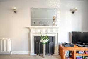 a living room with a fireplace and a mirror at London & Forest in Loughton