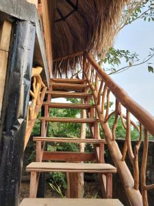 a wooden stairs in a hut with a bench at Hostel Nugeku in Rincón