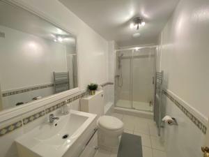 a bathroom with a sink and a toilet and a shower at Cozy Double Room next to Putney Bridge and High Street in London