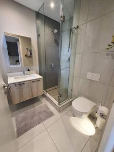 a bathroom with a shower and a toilet and a sink at Luxury Menlyn Maine Apartment in Pretoria