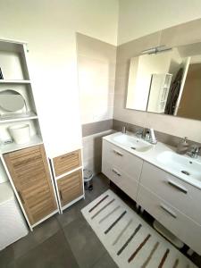 ein Bad mit einem Waschbecken und einem Spiegel in der Unterkunft Maison de 2 chambres avec jardin clos et wifi a Briscous in Briscous
