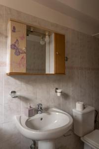 uma casa de banho com um lavatório, um WC e um espelho. em CENTRAL Studio - Fully equiped. Ideal for couples em Patra