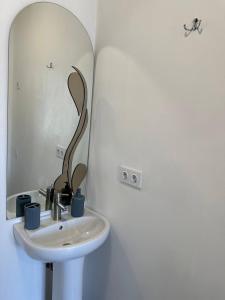 W łazience znajduje się umywalka i lustro. w obiekcie Апартаменти на вул. Біла,5а w mieście Rivne