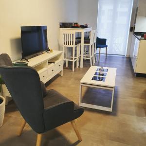 a living room with a chair and a tv and a table at El Rincón de Eva II in Salamanca