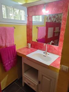 een badkamer met een wastafel en een spiegel bij La Maison Blanche in Ndangane