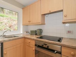 uma cozinha com um lavatório e um fogão forno superior em 27 Fernhill Heights em Bridport
