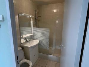 ein Bad mit einem Waschbecken, einem WC und einer Dusche in der Unterkunft Appartement Bormes-les-Mimosas, 2 pièces, 4 personnes - FR-1-610-99 in Bormes-les-Mimosas