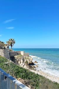 uma vista para uma praia com uma palmeira e o oceano em Residenza Sole villa al mare con spiaggia privata em Trani
