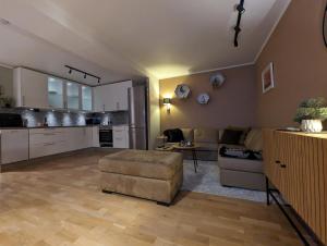 sala de estar amplia con sofá y cocina en Mountain & Sea View Apartment Tromsø en Tromsø