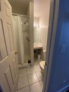 W łazience znajduje się prysznic, toaleta i umywalka. w obiekcie Royal Hotel Chilliwack w mieście Chilliwack