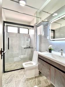 a bathroom with a toilet and a sink and a shower at BETH Accommodations Westlands Nairobi in Nairobi
