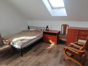 a bedroom with a bed and a desk and a chair at Willa Malbork in Wrocław