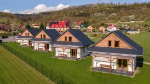 库多瓦-兹德鲁伊Dolinowo的田野里的一排房屋，背景是一座城镇