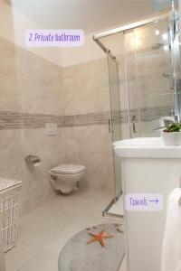 ein Bad mit einer Dusche, einem WC und einem Waschbecken in der Unterkunft Panorama lake view, pool & garden, 2 bathrooms, kingsize & single-beds, fast Internet in Toscolano-Maderno