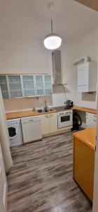 a large kitchen with white cabinets and a sink at Weberknecht Apartments in Vienna