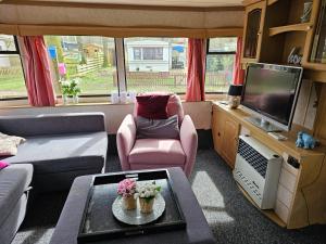 a living room with a couch and a tv in a rv at Stacaravan in bosrijk gebied in Eext