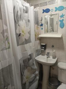 een badkamer met een wastafel en een douchegordijn met bloemen bij Alojamiento familiar rey in Punta Arenas