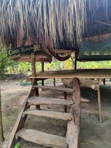einen Picknicktisch mit einem Strohdach und Stufen in der Unterkunft Eco-Camping Mango Feliz Rincón del Mar in San Onofre