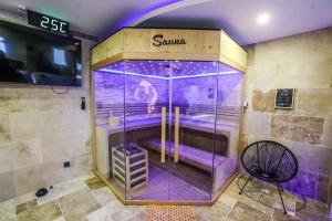 une chambre avec un sauna avec un chien. dans l'établissement Appartement d'une chambre avec piscine privee sauna et wifi a Montbeliard, à Montbéliard