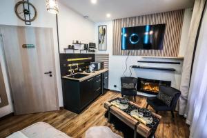 a kitchen and a living room with a fireplace at Appartement d'une chambre avec piscine privee sauna et wifi a Montbeliard in Montbéliard