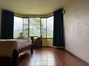 um quarto com uma cama e uma grande janela em ARENAL ROCA LODGE em La Fortuna